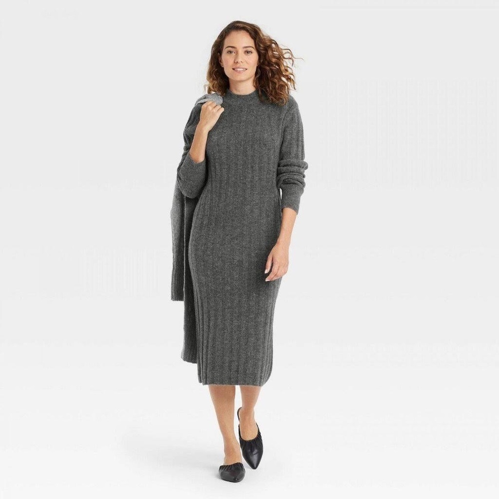 A New Day Women's Long Sleeve Rib-Knit Gray Sweater Dress Size Medium F00234092